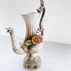 Vintage Capodimonte Italy Dragon Coffee Pot Teapot 3D Flowers porcelain 12" x 9"